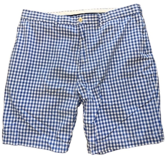 POLO GOLF Ralph Lauren Cotton Blue/White Gingham Flat Front Shorts Size 36 - Picture 4 of 11